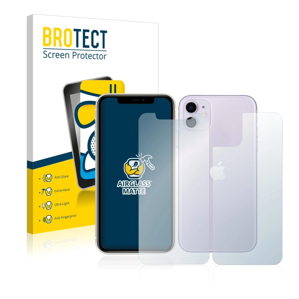 Face avant d’un emballage produit avec le logo de la marque BROTECT. À côté, l’appareil Apple iPhone 11 (Avant+Arrière) est re