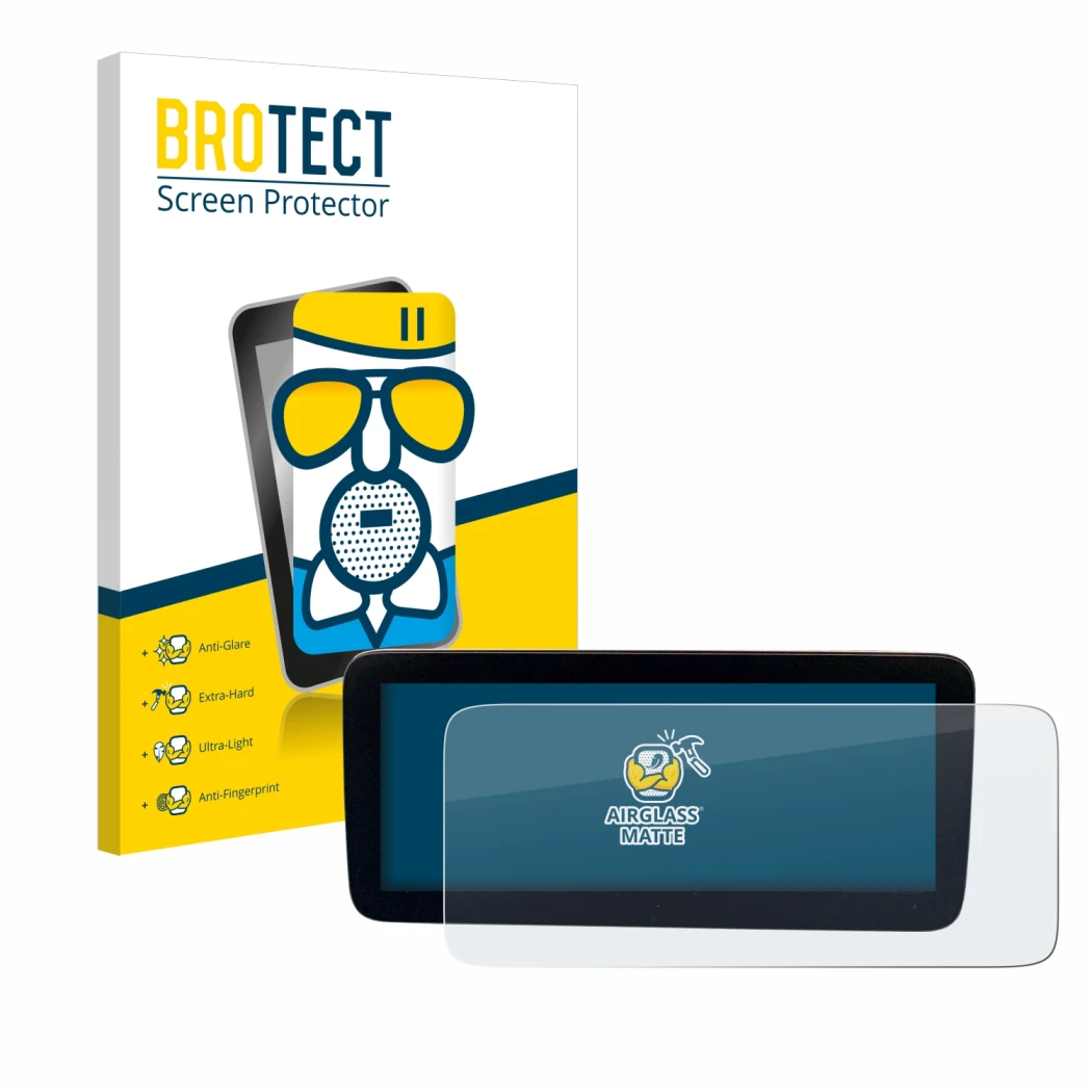 Face avant d’un emballage produit avec le logo de la marque BROTECT. À côté, l’appareil Mercedes-Benz Actros 2019 Cockpit 12