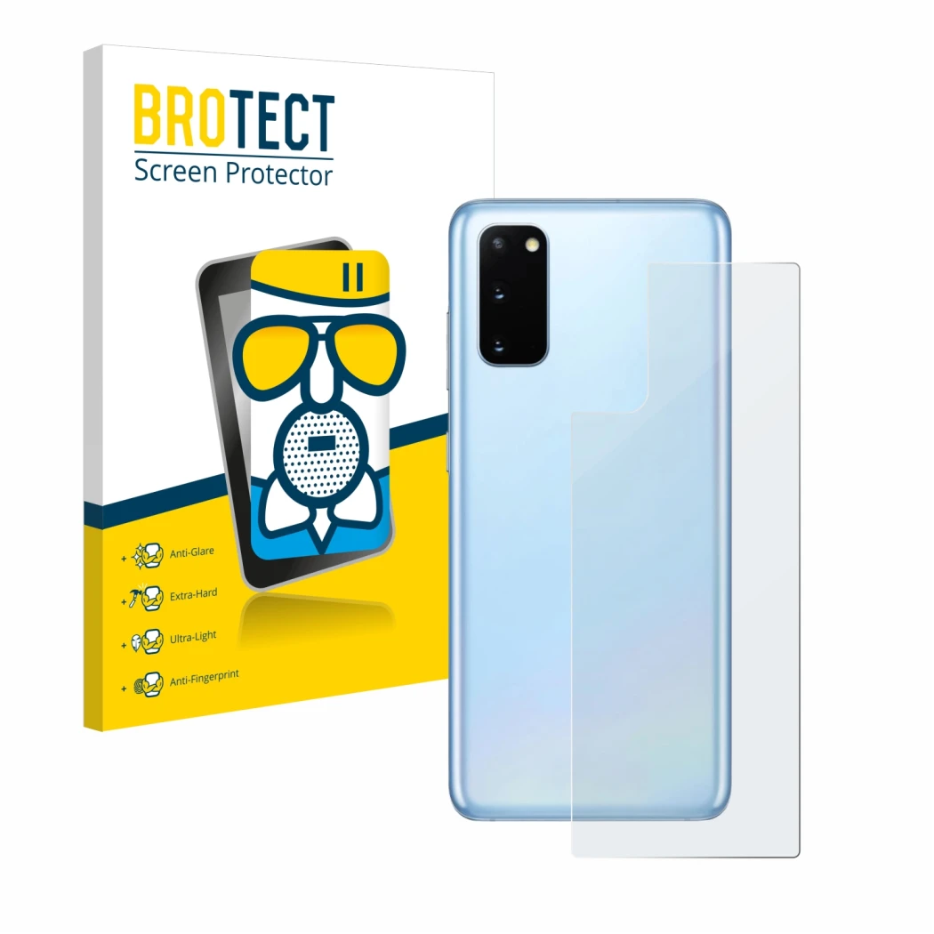 Face avant d’un emballage produit avec le logo de la marque BROTECT. À côté, l’appareil Samsung Galaxy S20 (Arrière) est repré