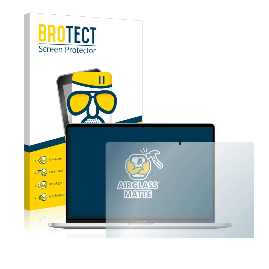 Face avant d’un emballage produit avec le logo de la marque BROTECT. À côté, l’appareil Apple MacBook Pro 16