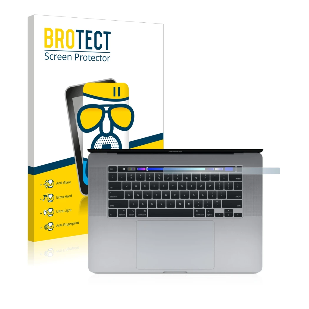 Face avant d’un emballage produit avec le logo de la marque BROTECT. À côté, l’appareil Apple MacBook Pro 16
