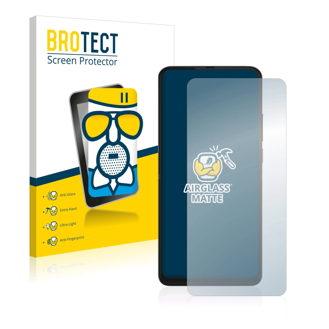 Face avant d’un emballage produit avec le logo de la marque BROTECT. À côté, l’appareil Motorola One Hyper est représenté avec