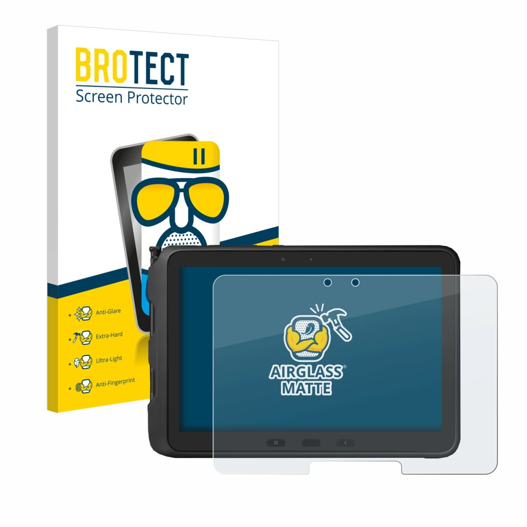 Face avant d’un emballage produit avec le logo de la marque BROTECT. À côté, l’appareil Samsung Galaxy Tab Active Pro est repr