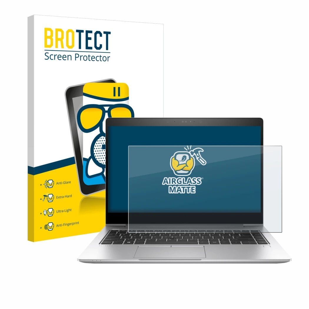 Face avant d’un emballage produit avec le logo de la marque BROTECT. À côté, l’appareil HP EliteBook 840 G6 est représenté ave