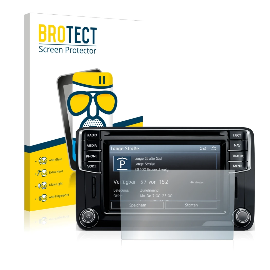 Face avant d’un emballage produit avec le logo de la marque BROTECT. À côté, l’appareil Volkswagen Amarok Discover Media 6.5