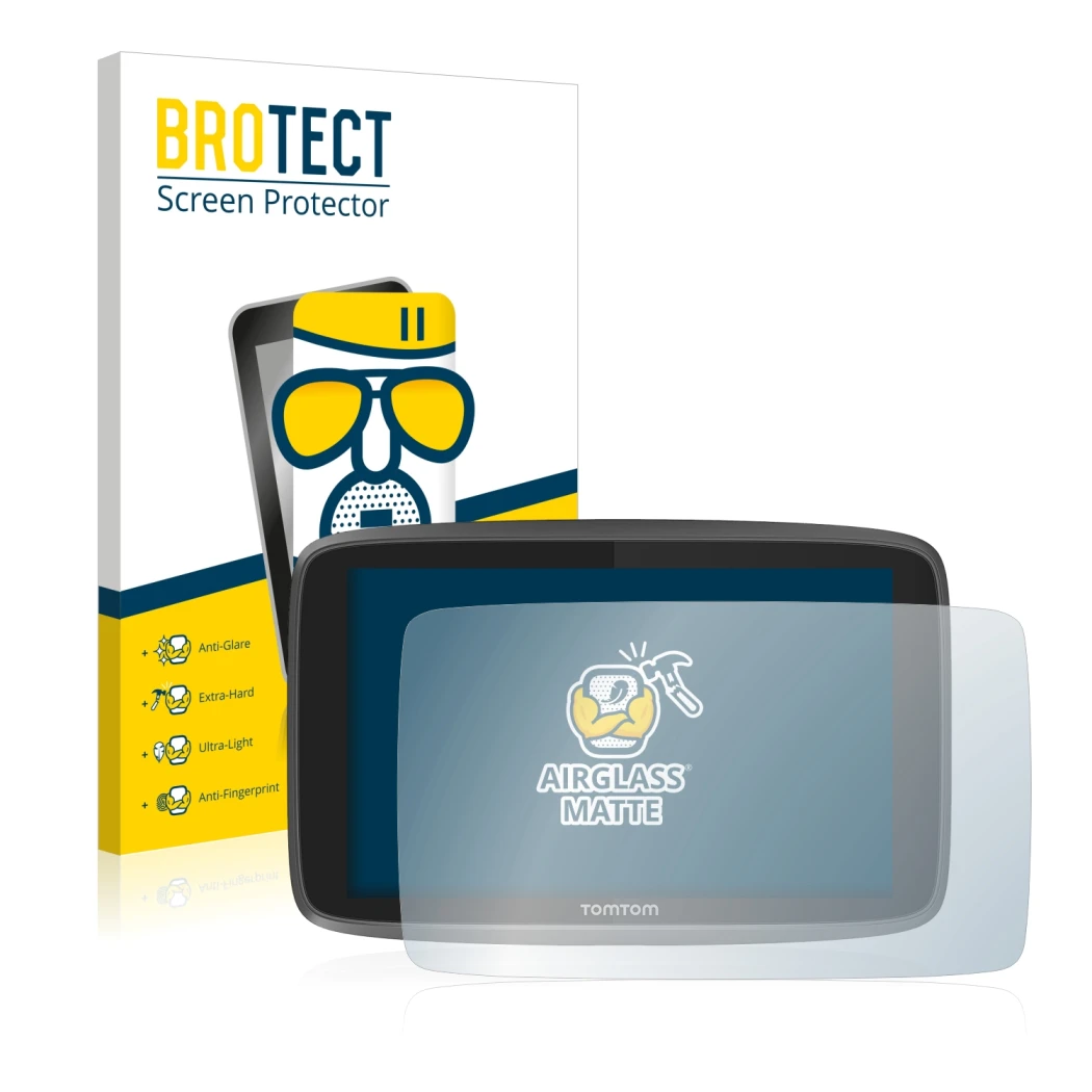 Face avant d’un emballage produit avec le logo de la marque BROTECT. À côté, l’appareil TomTom Go Professional 6250 est représ