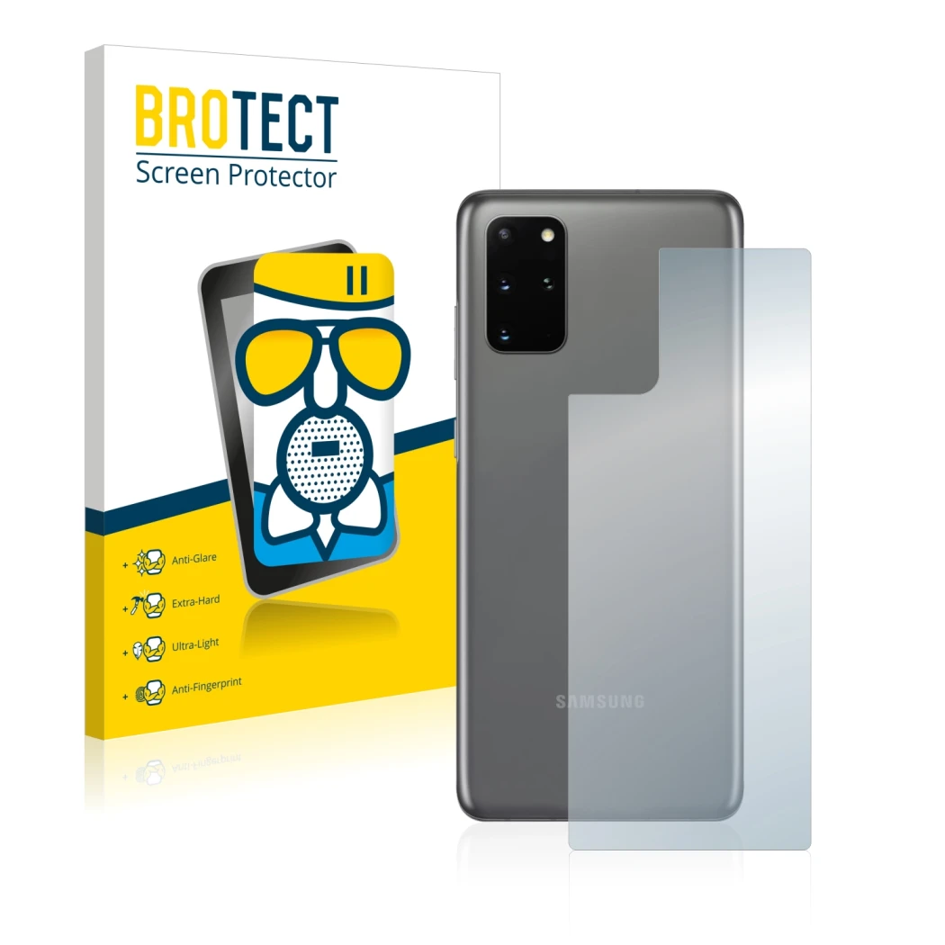 Face avant d’un emballage produit avec le logo de la marque BROTECT. À côté, l’appareil Samsung Galaxy S20 Plus 5G (Arrière) e