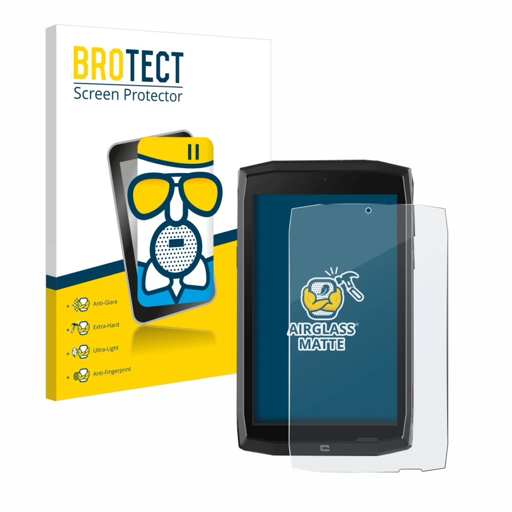 Face avant d’un emballage produit avec le logo de la marque BROTECT. À côté, l’appareil Crosscall Core T4 est représenté avec 