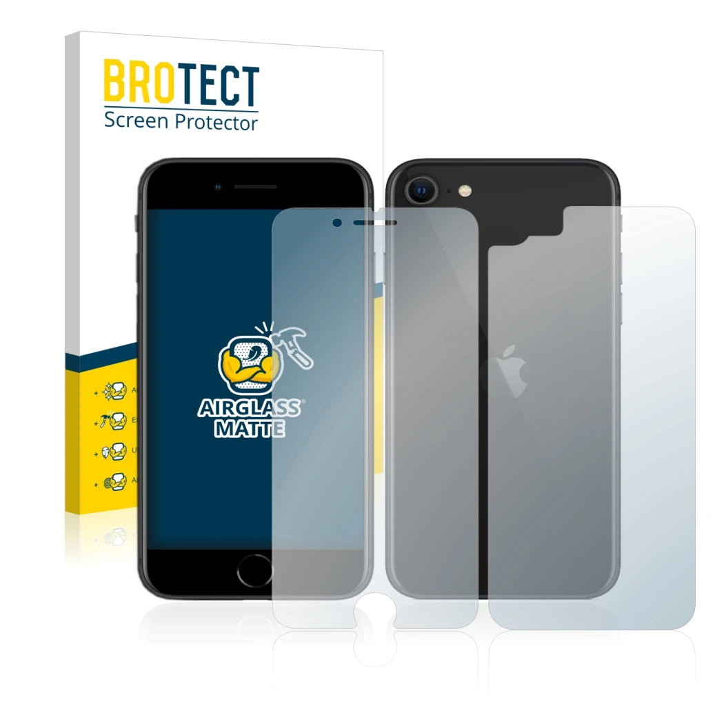 Face avant d’un emballage produit avec le logo de la marque BROTECT. À côté, l’appareil Apple iPhone SE 2 2020 (Avant+Arrière)