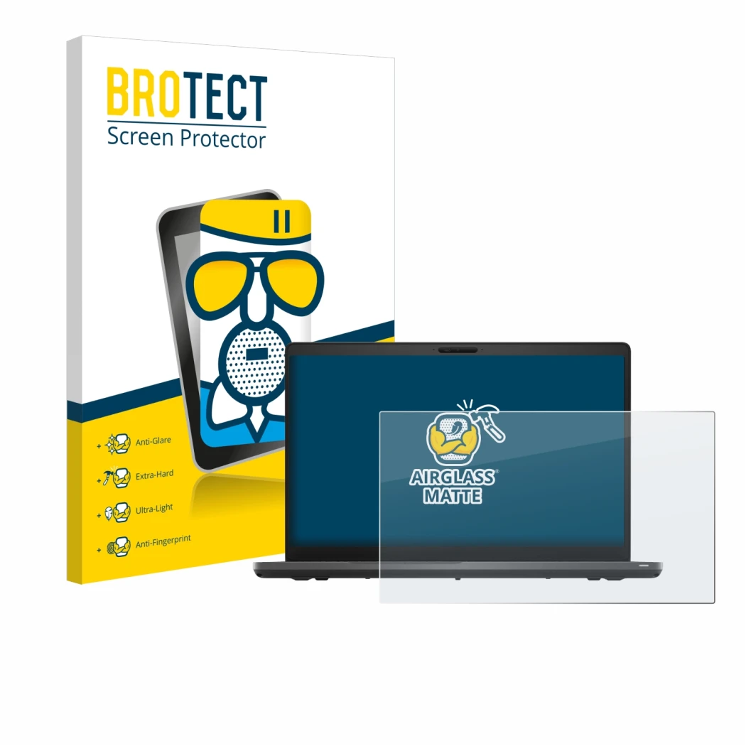 Face avant d’un emballage produit avec le logo de la marque BROTECT. À côté, l’appareil Dell Latitude 5500 est représenté avec