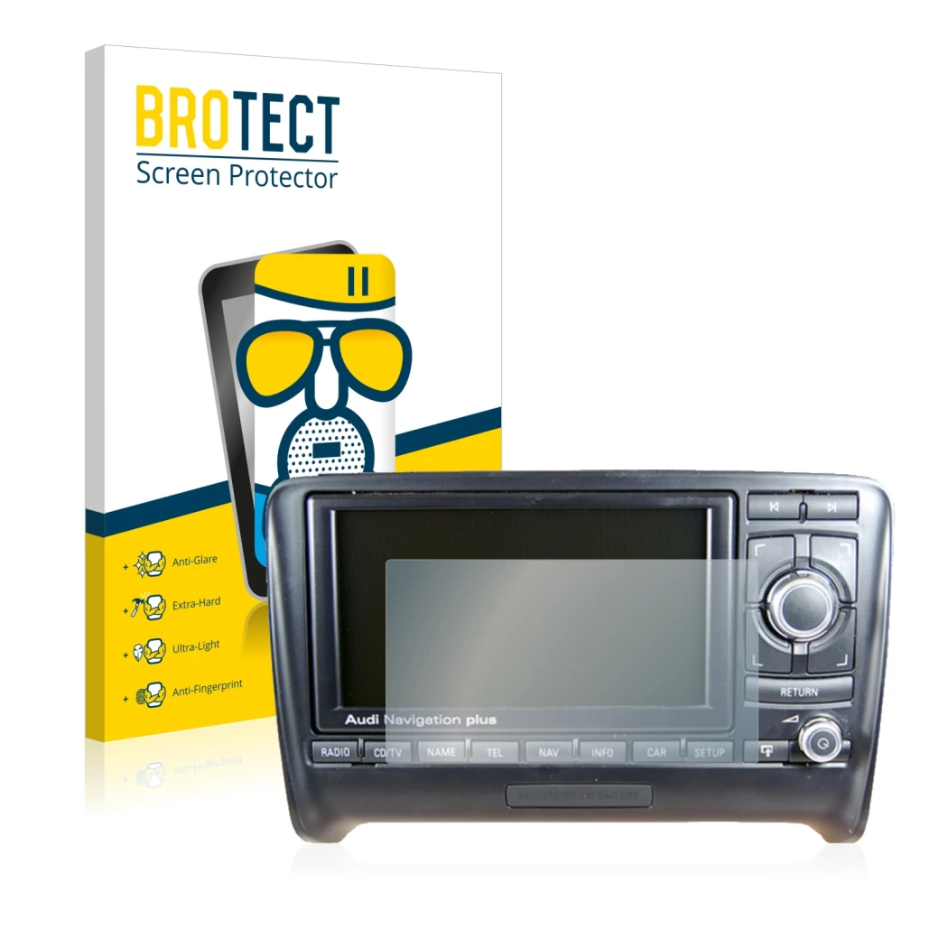 Face avant d’un emballage produit avec le logo de la marque BROTECT. À côté, l’appareil Audi A4 8E 2004-2009 RNS-E est représe