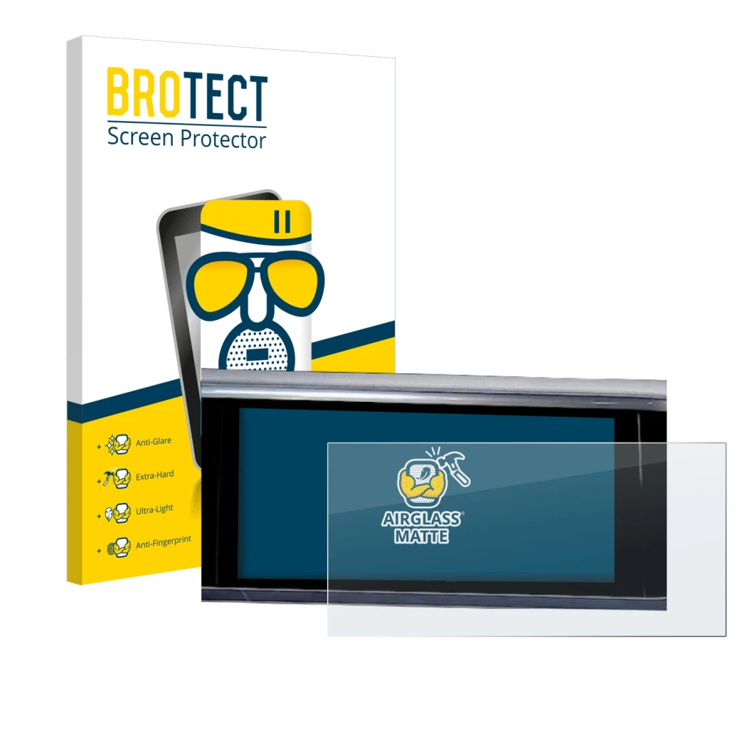 Face avant d’un emballage produit avec le logo de la marque BROTECT. À côté, l’appareil Audi A6 2018 MMI Navigation Plus 10.1