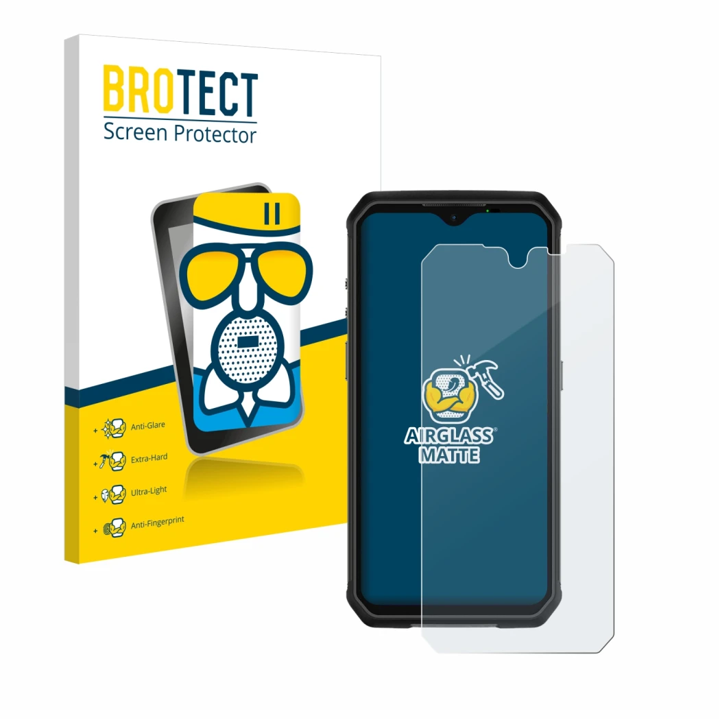 Face avant d’un emballage produit avec le logo de la marque BROTECT. À côté, l’appareil Ulefone Armor 9 est représenté avec la