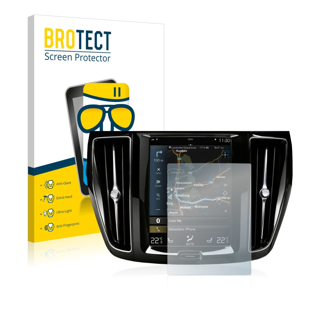 Face avant d’un emballage produit avec le logo de la marque BROTECT. À côté, l’appareil Volvo S60 Sensus Connect 2020 est repr