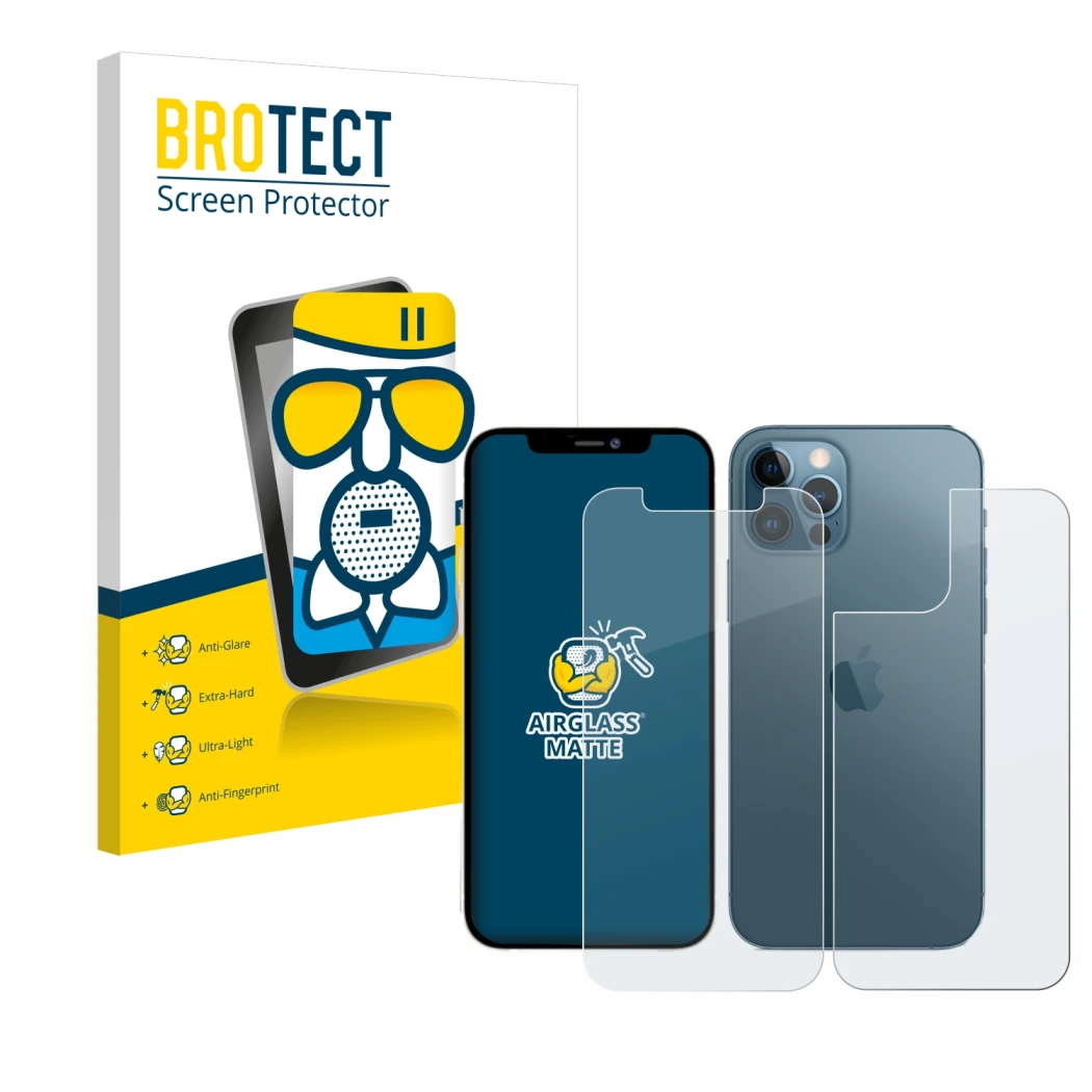 Face avant d’un emballage produit avec le logo de la marque BROTECT. À côté, l’appareil Apple iPhone 12 Pro (Avant+Arrière) es