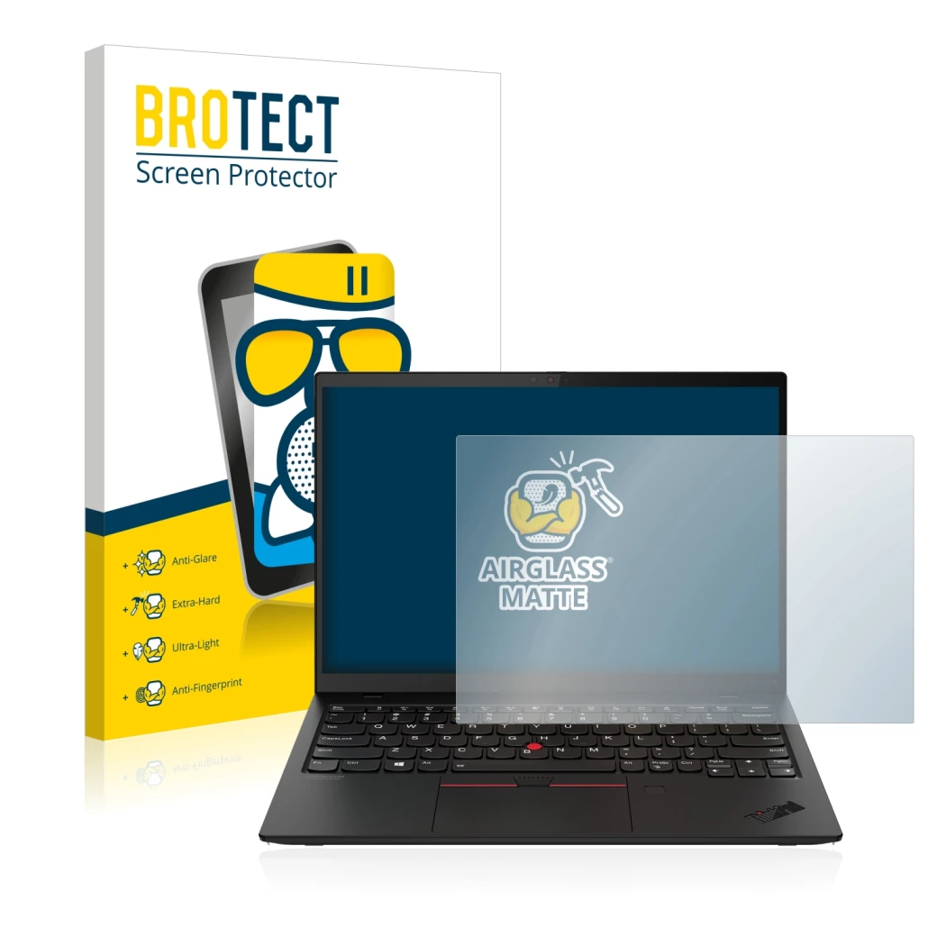 Face avant d’un emballage produit avec le logo de la marque BROTECT. À côté, l’appareil Lenovo ThinkPad X1 Nano est représenté