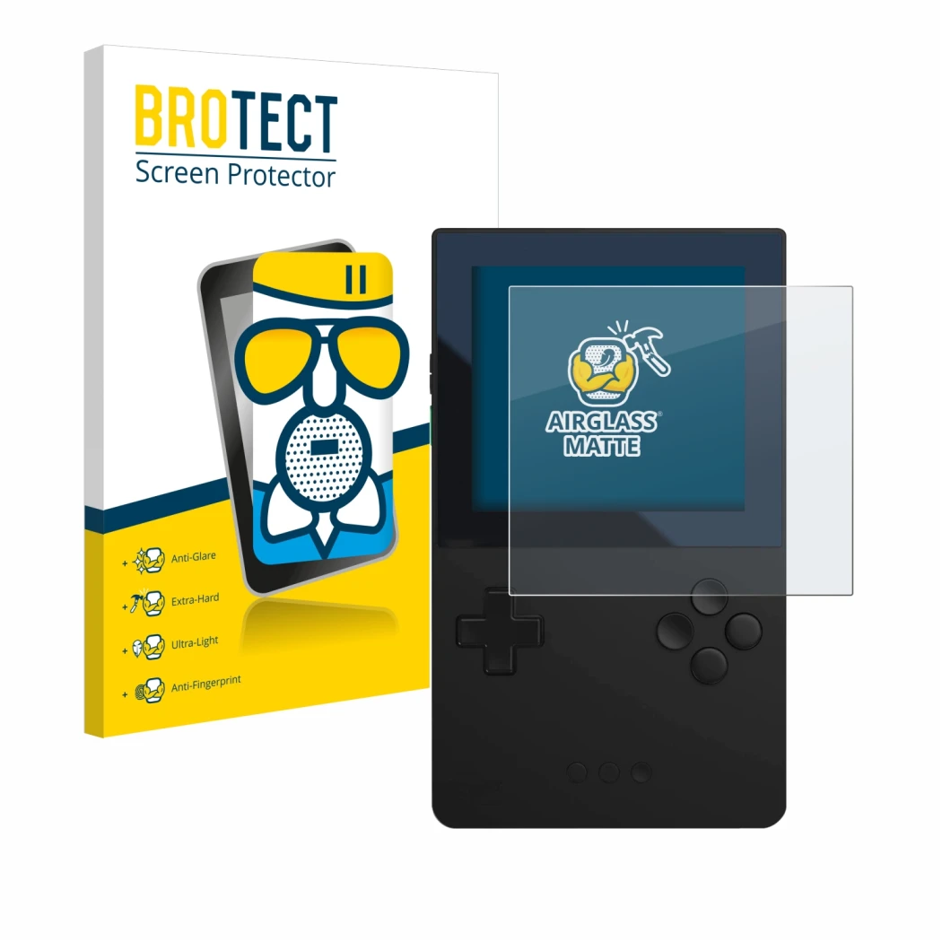 Face avant d’un emballage produit avec le logo de la marque BROTECT. À côté, l’appareil Analogue Pocket est représenté avec la