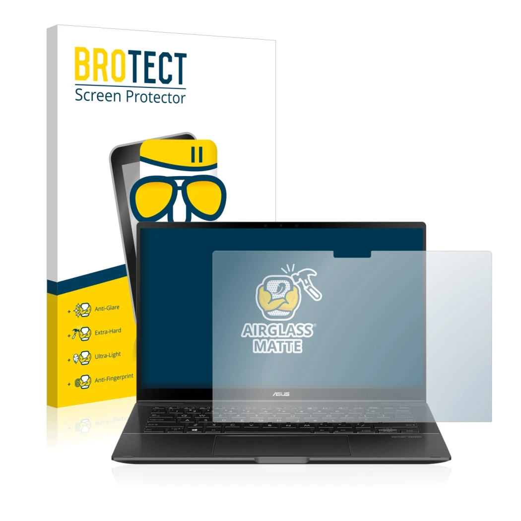 Face avant d’un emballage produit avec le logo de la marque BROTECT. À côté, l’appareil ASUS ZenBook Flip 14 UX463FA est repré