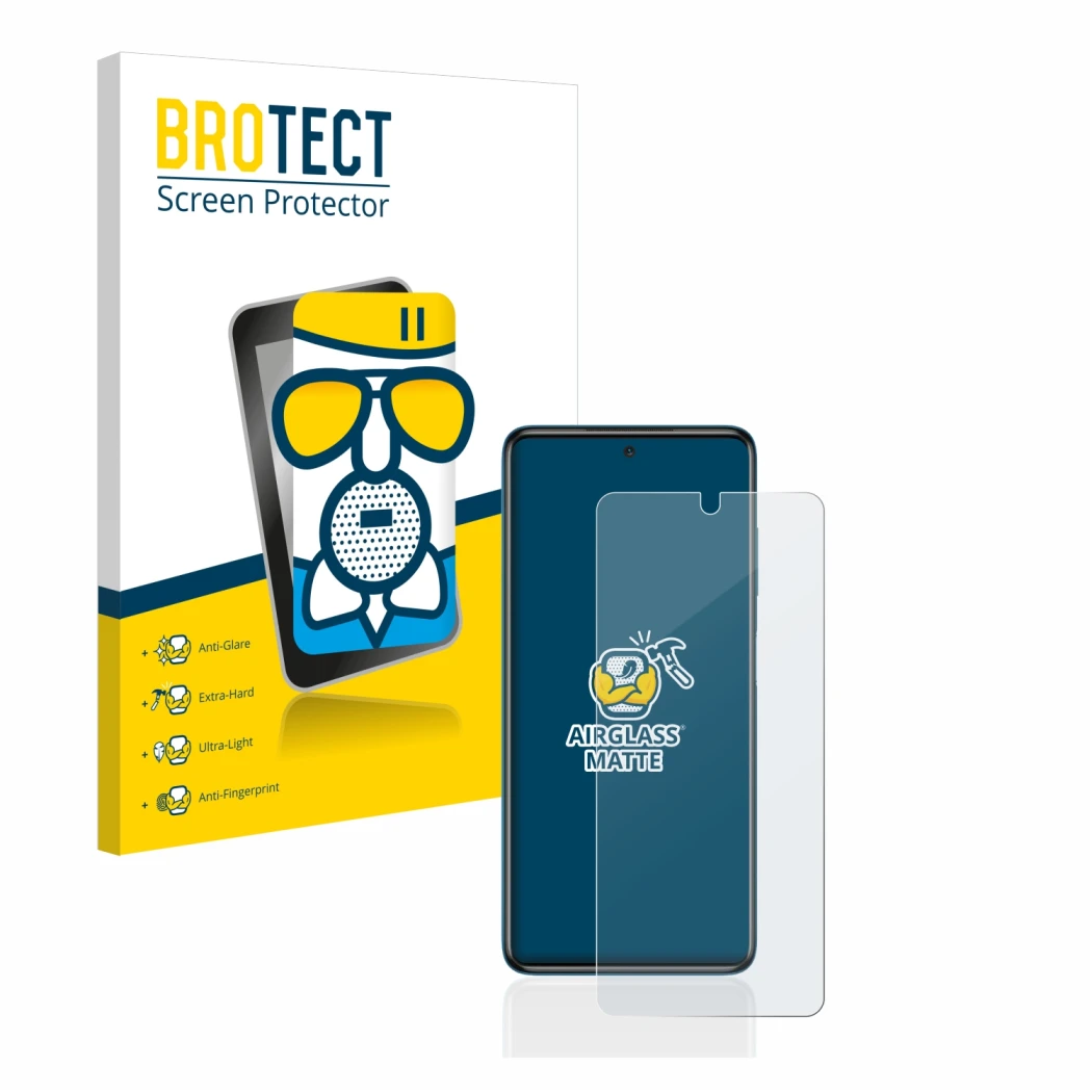 Face avant d’un emballage produit avec le logo de la marque BROTECT. À côté, l’appareil Xiaomi Poco X3 NFC est représenté avec