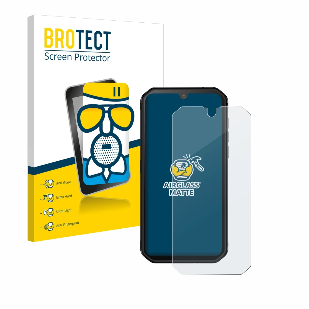 Face avant d’un emballage produit avec le logo de la marque BROTECT. À côté, l’appareil Blackview BV9900E est représenté avec 