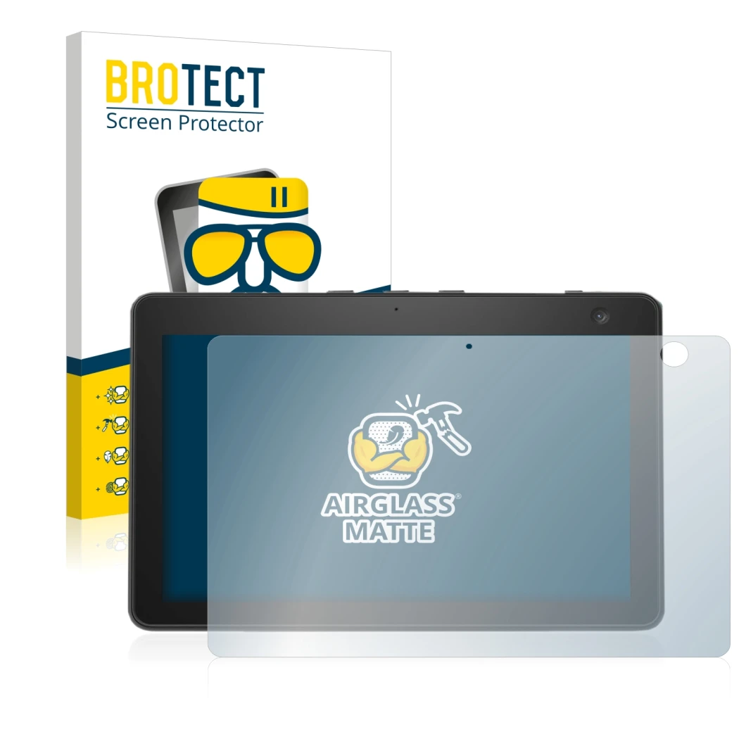 Face avant d’un emballage produit avec le logo de la marque BROTECT. À côté, l’appareil Amazon Echo Show 10 (3ème Gen.) est re