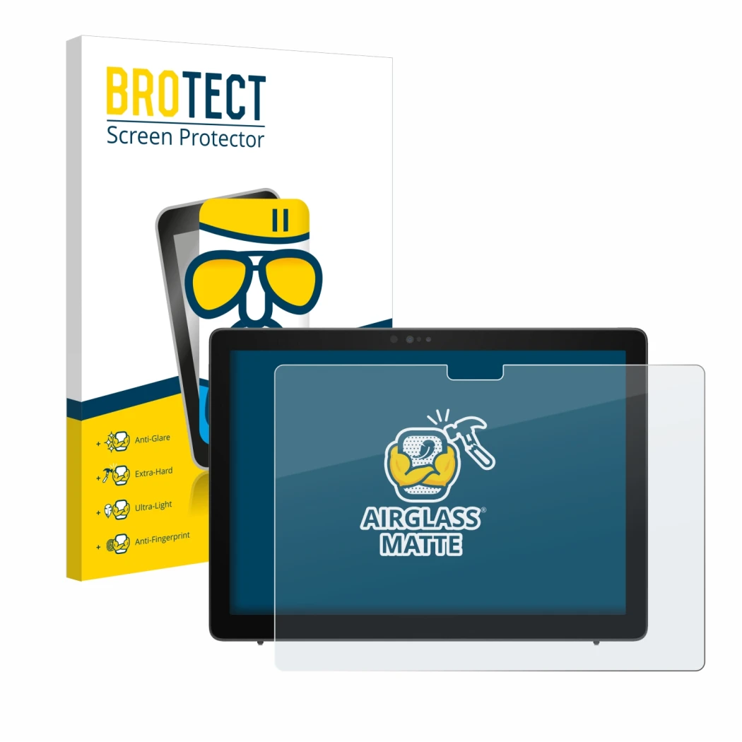 Face avant d’un emballage produit avec le logo de la marque BROTECT. À côté, l’appareil Dell Latitude 7210 2-in-1 est représen