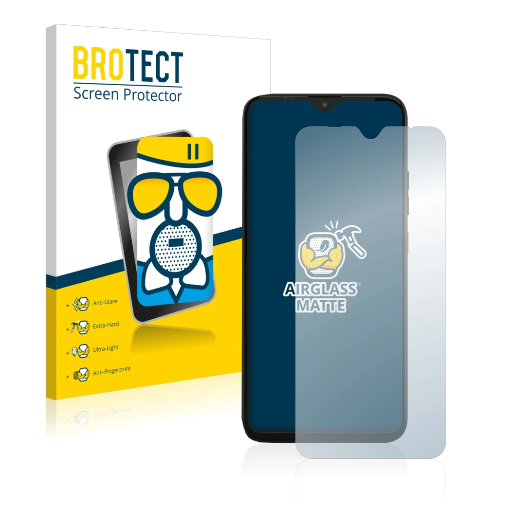 Face avant d’un emballage produit avec le logo de la marque BROTECT. À côté, l’appareil Gigaset GS4 est représenté avec la pro