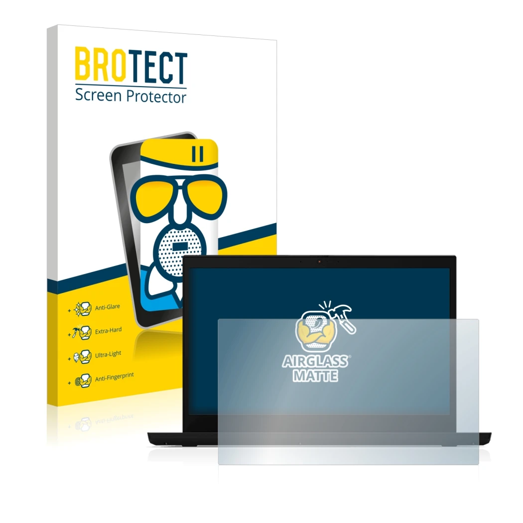 Face avant d’un emballage produit avec le logo de la marque BROTECT. À côté, l’appareil Lenovo ThinkPad L15 est représenté ave