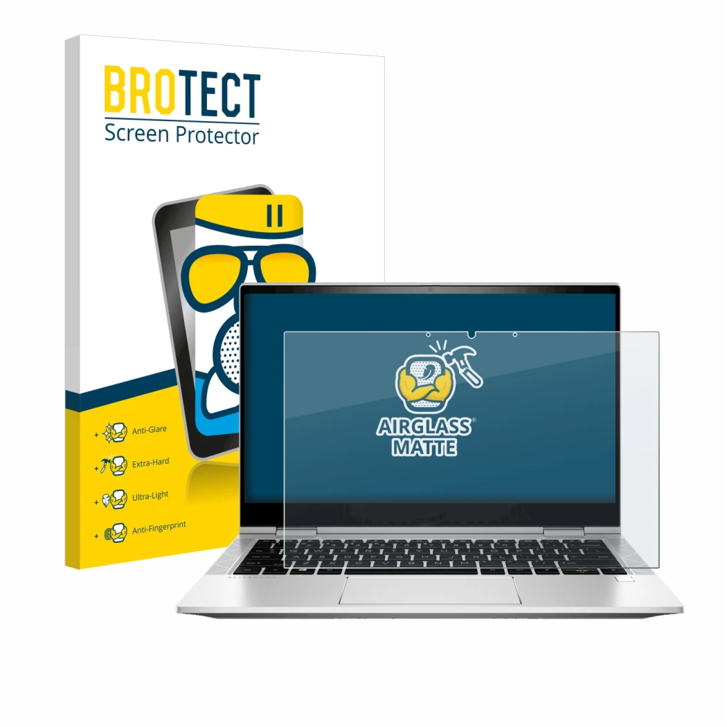 Face avant d’un emballage produit avec le logo de la marque BROTECT. À côté, l’appareil HP EliteBook x360 830 G8 est représent