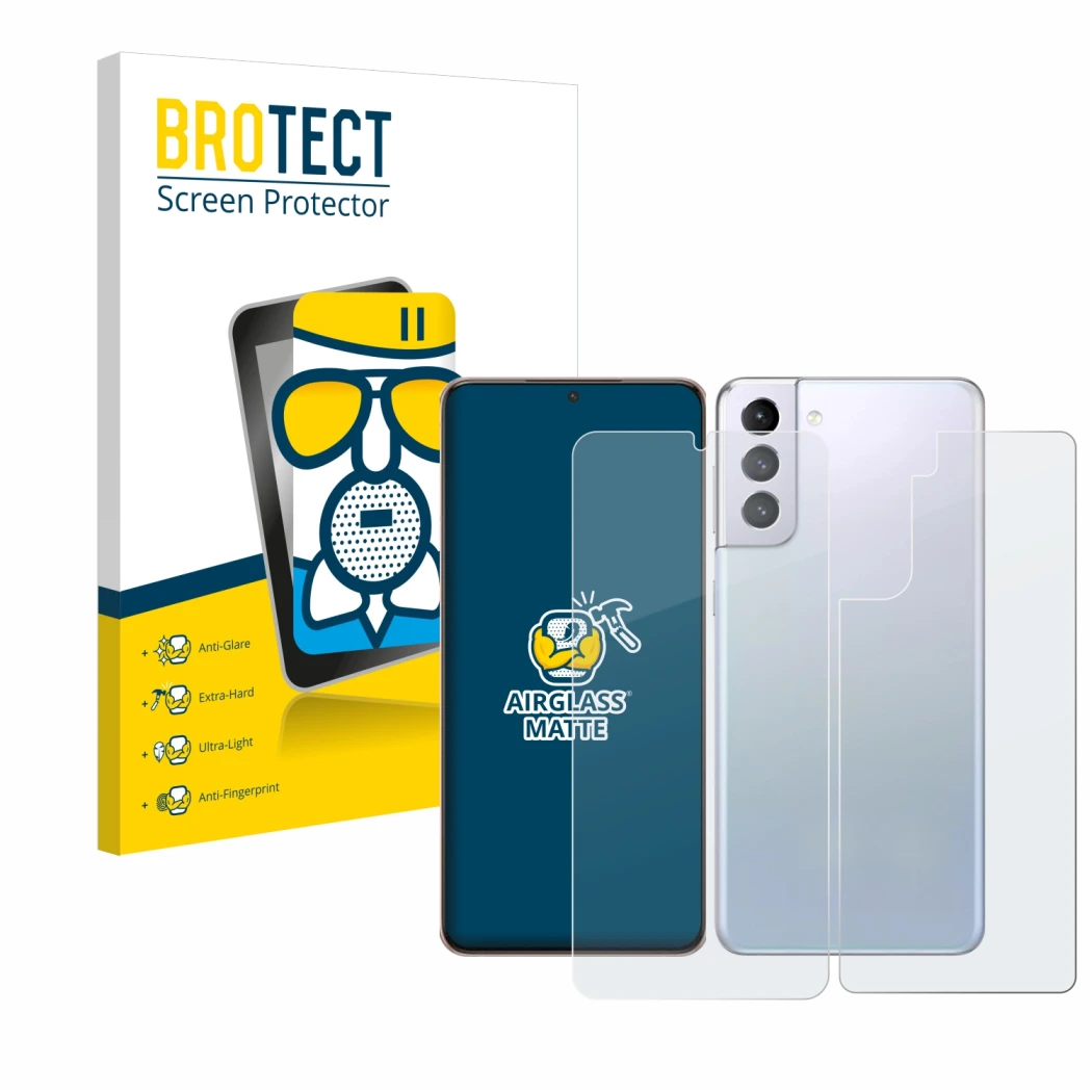 Face avant d’un emballage produit avec le logo de la marque BROTECT. À côté, l’appareil Samsung Galaxy S21 Plus 5G (Avant+Arri