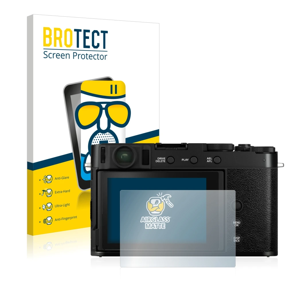 Face avant d’un emballage produit avec le logo de la marque BROTECT. À côté, l’appareil Fujifilm X-E4 est représenté avec la p