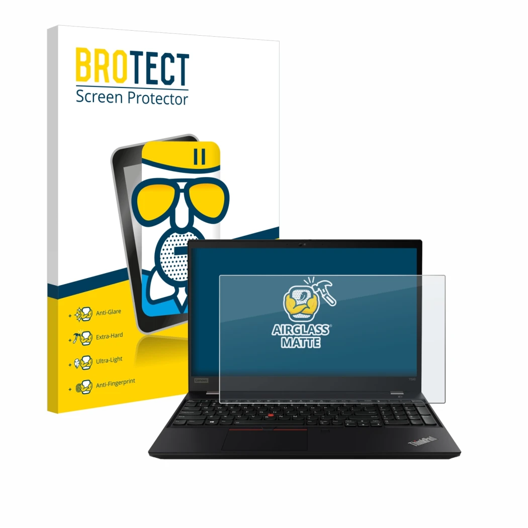 Face avant d’un emballage produit avec le logo de la marque BROTECT. À côté, l’appareil Lenovo ThinkPad P14s est représenté av