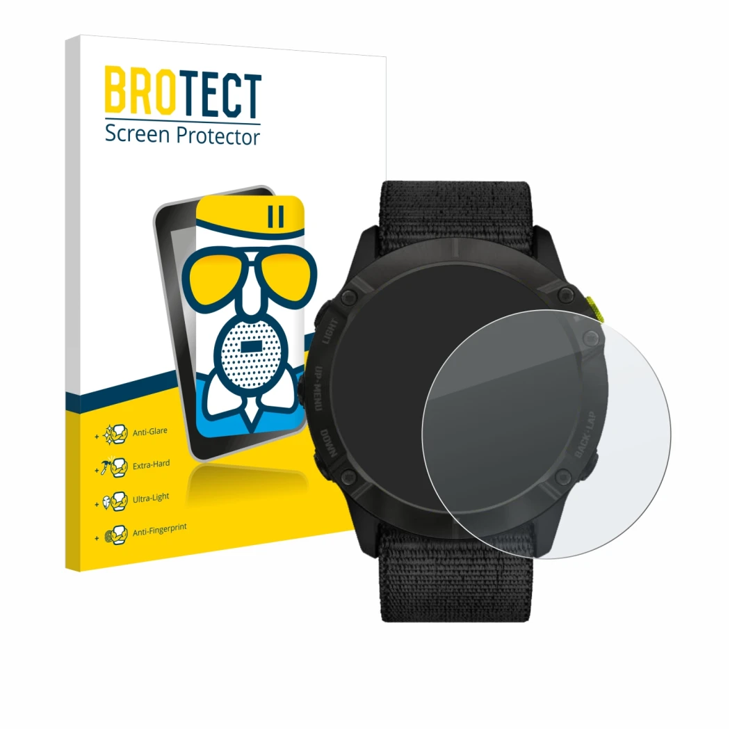 Face avant d’un emballage produit avec le logo de la marque BROTECT. À côté, l’appareil Garmin Enduro est représenté avec la p