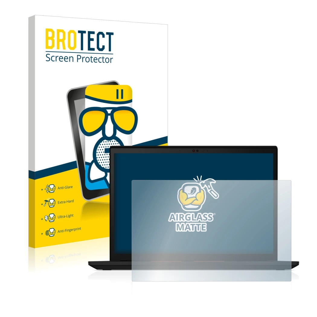 Face avant d’un emballage produit avec le logo de la marque BROTECT. À côté, l’appareil Lenovo ThinkPad X13 Gen 2 est représen