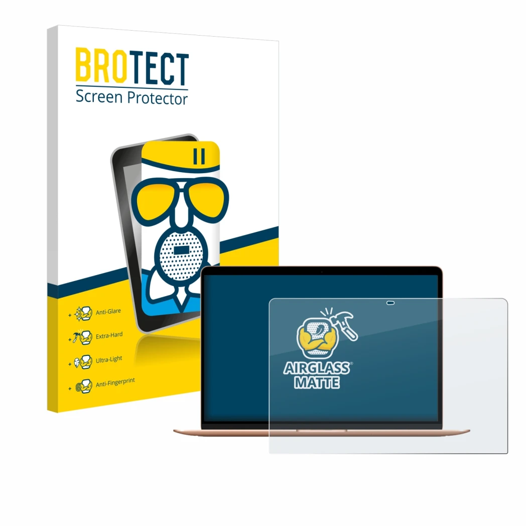 Face avant d’un emballage produit avec le logo de la marque BROTECT. À côté, l’appareil Apple MacBook Air M1 2020 est représen