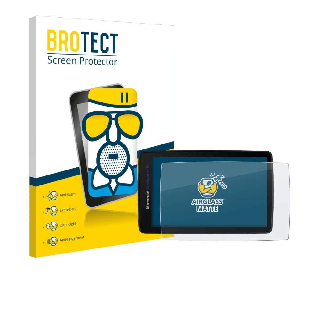 Face avant d’un emballage produit avec le logo de la marque BROTECT. À côté, l’appareil BMW Navigator VI est représenté avec l