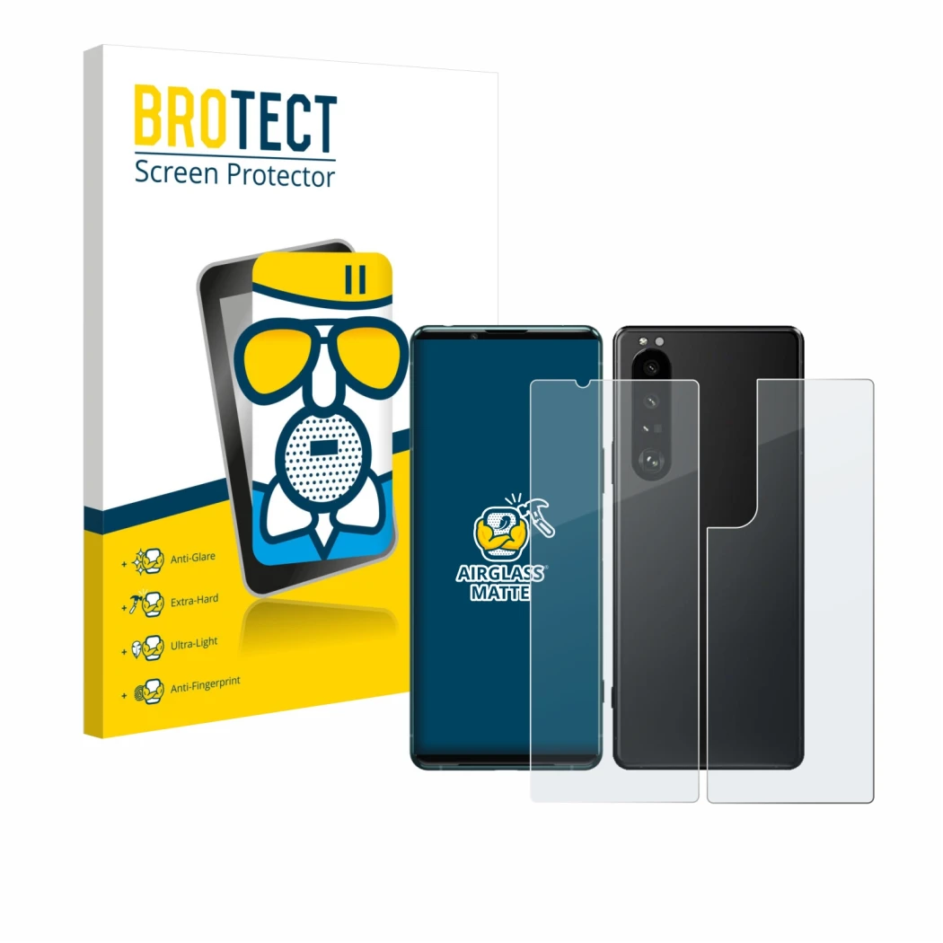 Face avant d’un emballage produit avec le logo de la marque BROTECT. À côté, l’appareil Sony Xperia 5 III (Avant+Arrière) est 