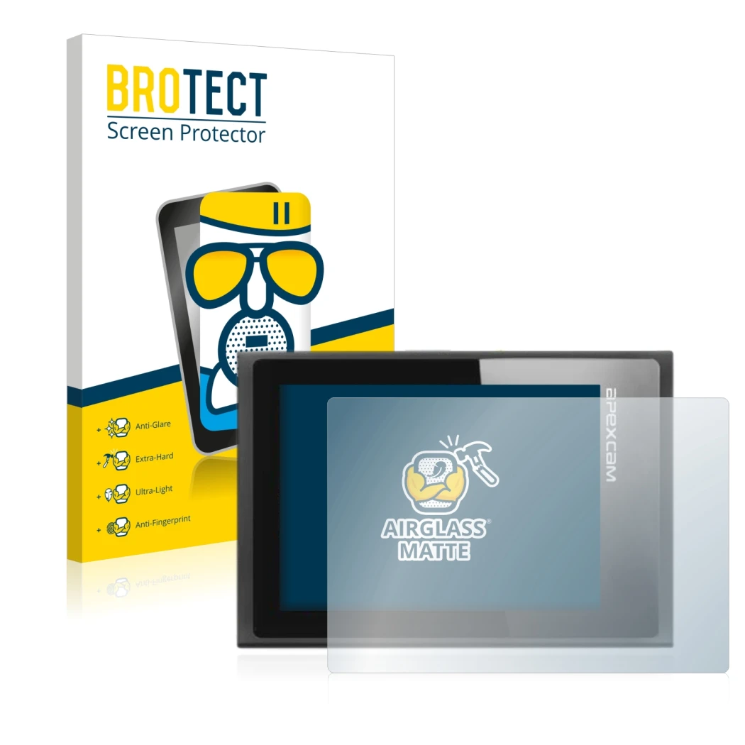 Face avant d’un emballage produit avec le logo de la marque BROTECT. À côté, l’appareil Apexcam ‎M80 Air est représenté avec l