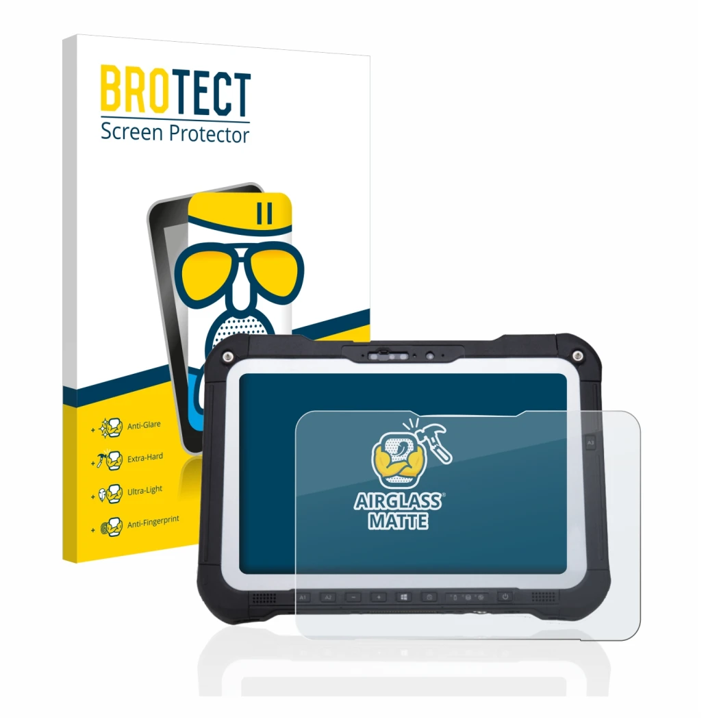 Face avant d’un emballage produit avec le logo de la marque BROTECT. À côté, l’appareil Panasonic Toughbook FZ-G2 est représen