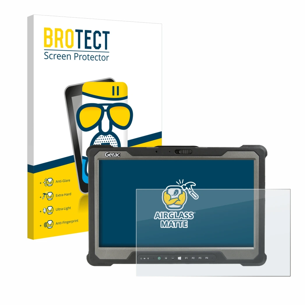 Face avant d’un emballage produit avec le logo de la marque BROTECT. À côté, l’appareil Getac A140 est représenté avec la prot