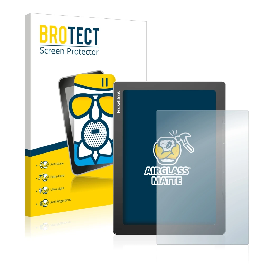 Face avant d’un emballage produit avec le logo de la marque BROTECT. À côté, l’appareil PocketBook InkPad Lite est représenté