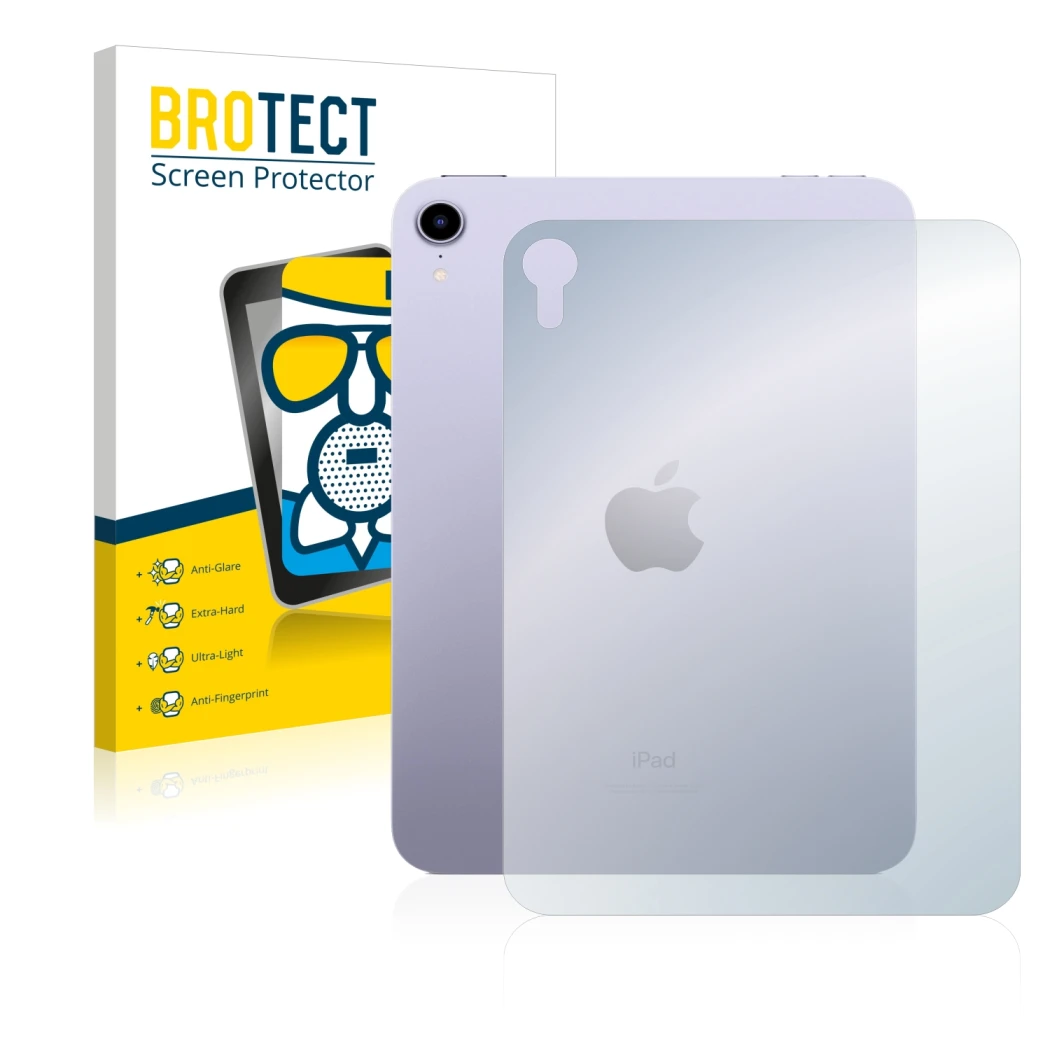 Face avant d’un emballage produit avec le logo de la marque BROTECT. À côté, l’appareil Apple iPad Mini 6 WiFi 2021 (6ème gén,