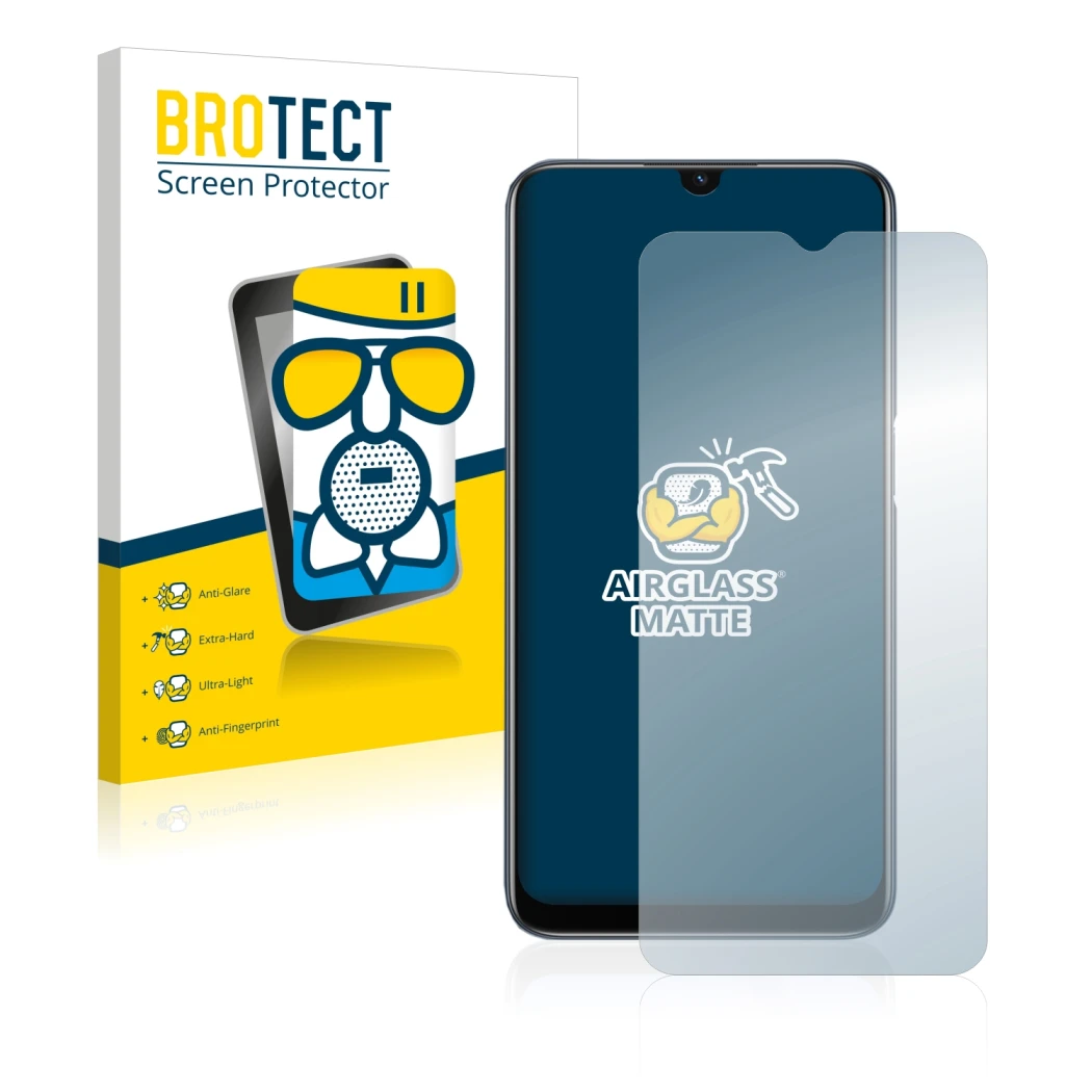 Face avant d’un emballage produit avec le logo de la marque BROTECT. À côté, l’appareil Oppo A54s est représenté avec la prote