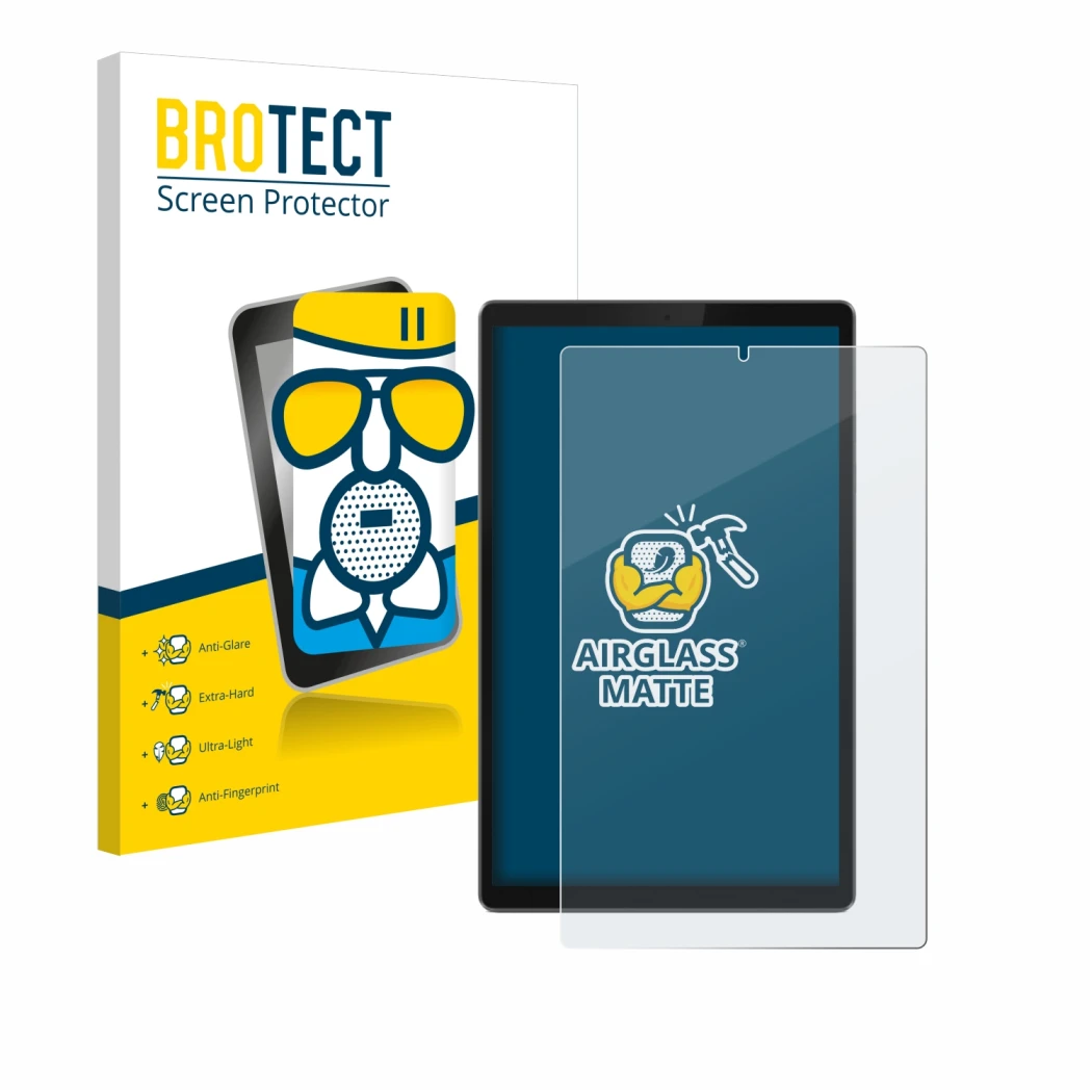 Face avant d’un emballage produit avec le logo de la marque BROTECT. À côté, l’appareil Lenovo Tab TB-X306F est représenté ave