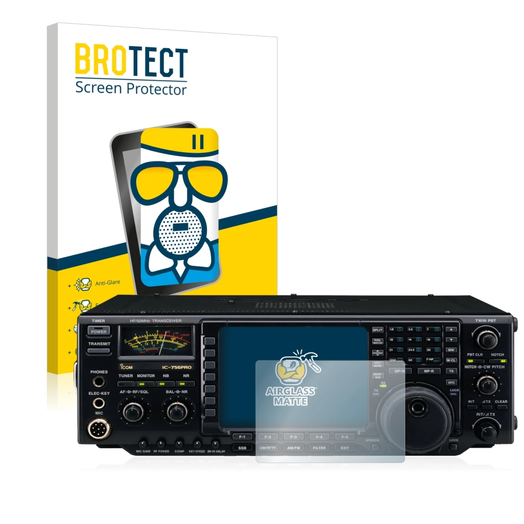 Face avant d’un emballage produit avec le logo de la marque BROTECT. À côté, l’appareil Icom IC-756 Pro III est représenté ave