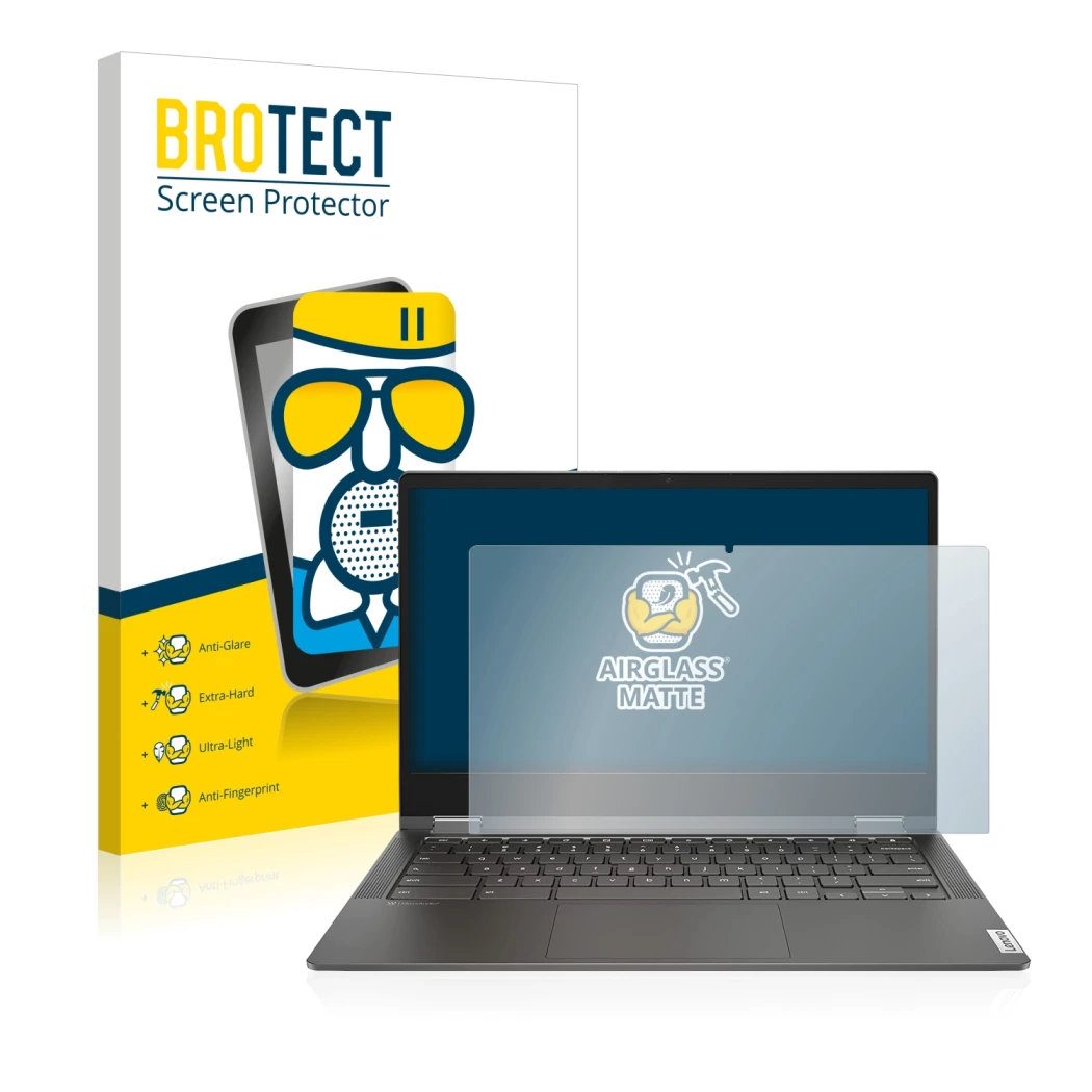 Face avant d’un emballage produit avec le logo de la marque BROTECT. À côté, l’appareil Lenovo IdeaPad Flex 5i 13.3