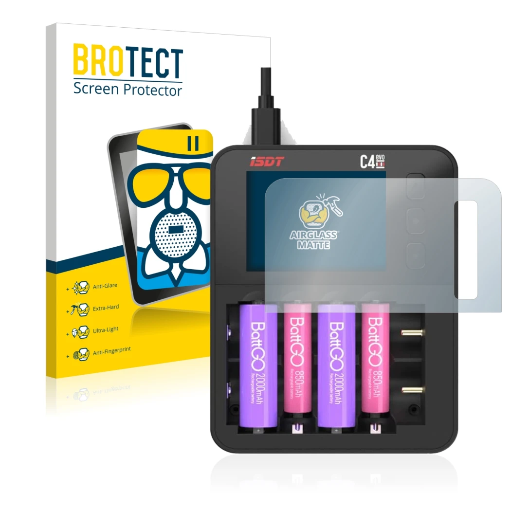 Face avant d’un emballage produit avec le logo de la marque BROTECT. À côté, l’appareil ISDT C4 Evo est représenté avec la pro