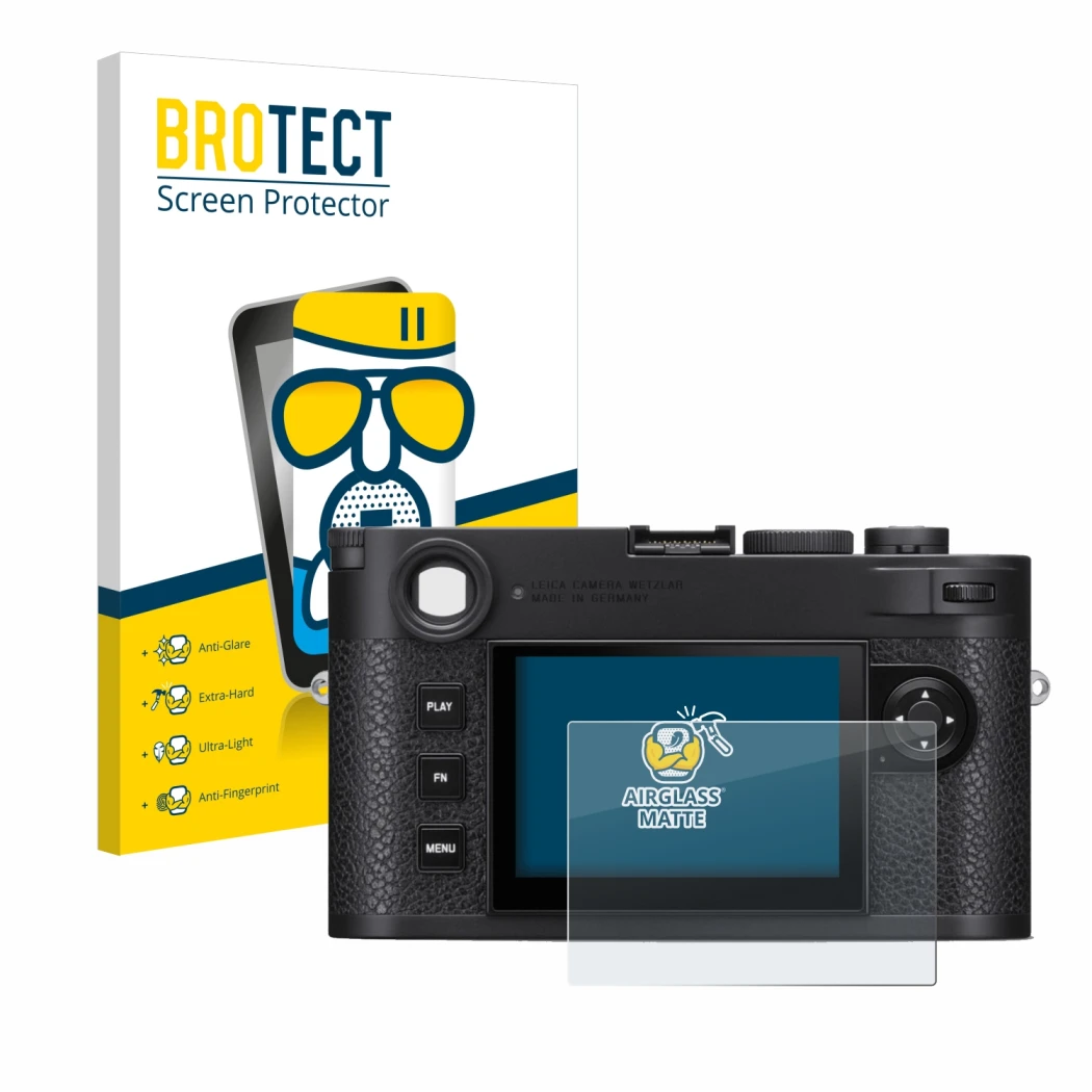 Face avant d’un emballage produit avec le logo de la marque BROTECT. À côté, l’appareil Leica M11 est représenté avec la prote