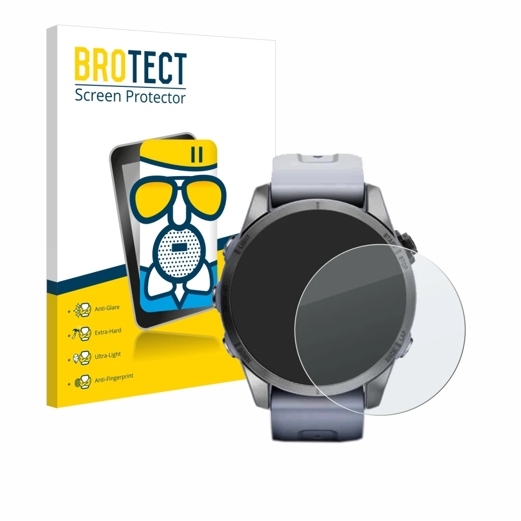 Face avant d’un emballage produit avec le logo de la marque BROTECT. À côté, l’appareil Garmin Fenix 7S (42 mm) est représenté