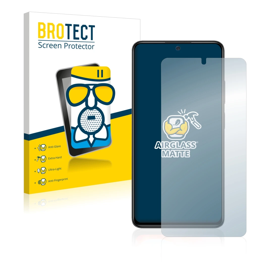 Face avant d’un emballage produit avec le logo de la marque BROTECT. À côté, l’appareil Xiaomi Redmi Note 11 Pro est représent